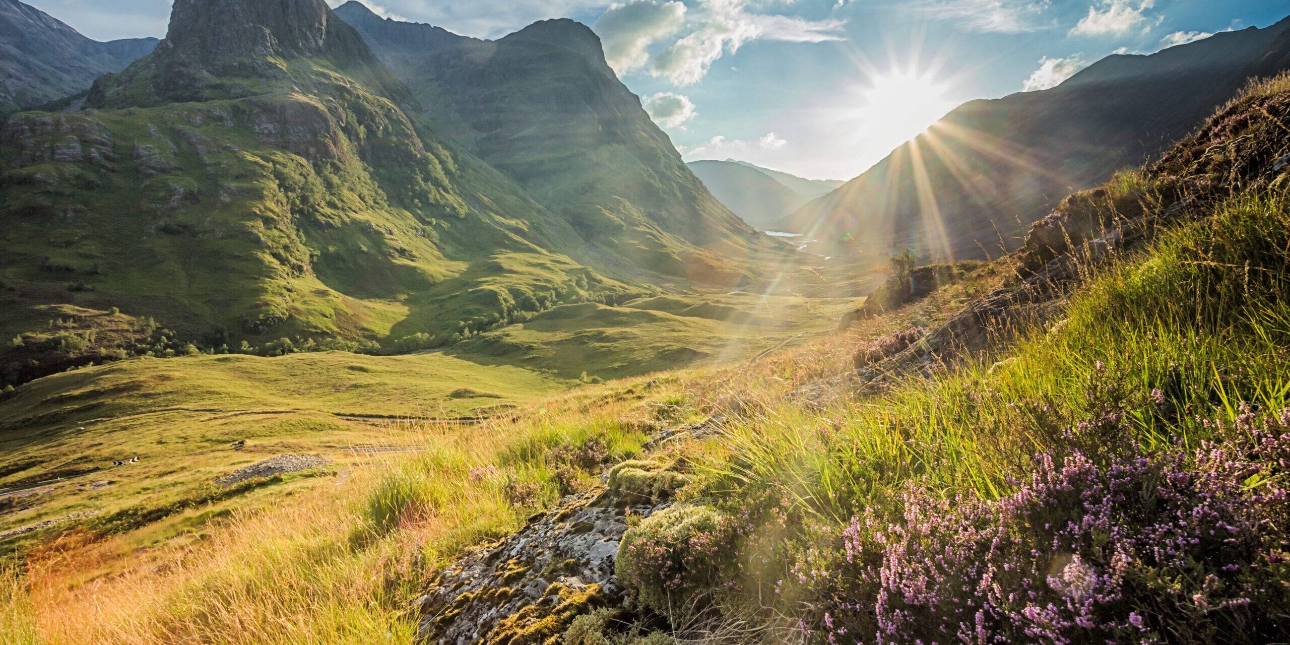 Valley view below the mountains of Glencoe, Lochaber, HIghlands, Scotland, UK